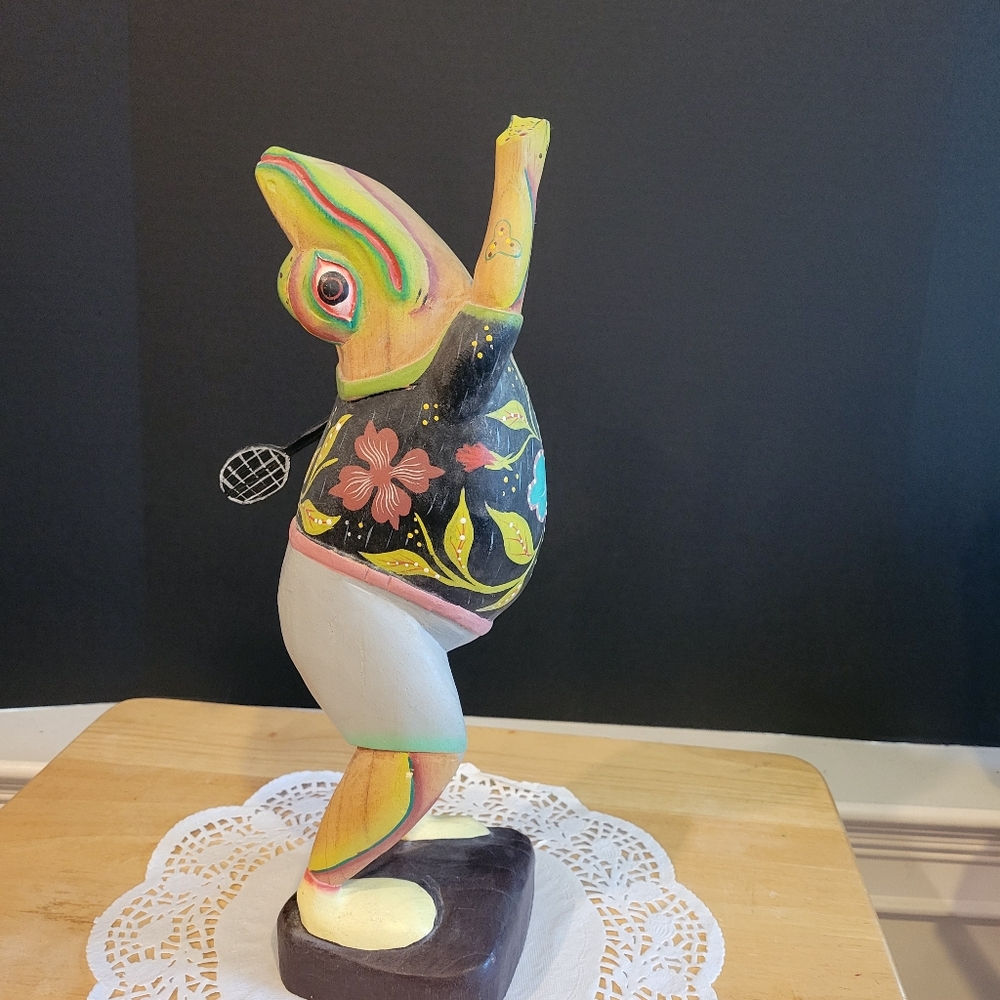 Vintage Wooden Tennis Playing Frog Hand Carved & Painted